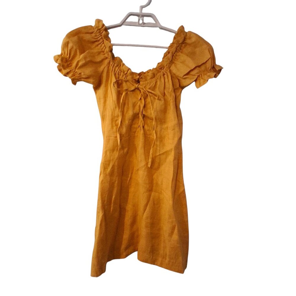 Pepitos Dress womens Small 100% linen mini peasant mustard yellow made in Italy